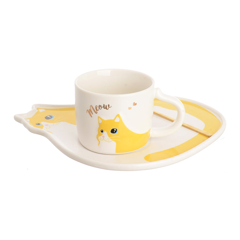 A cup set with a yellow cat pattern ceramic coaster