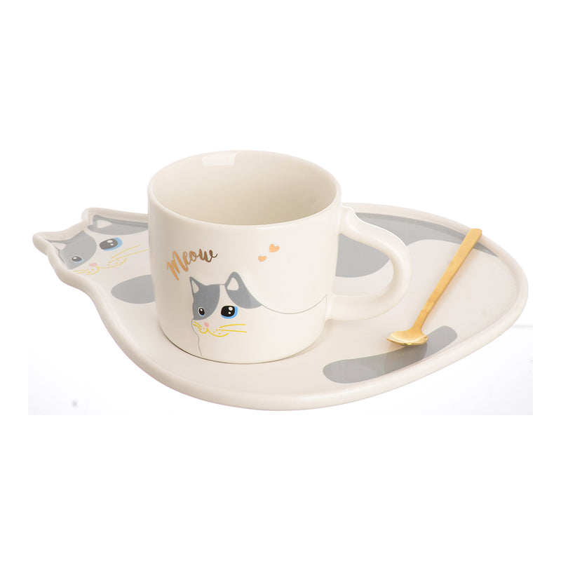 Cup set with ceramic coaster, cat pattern, white*grey