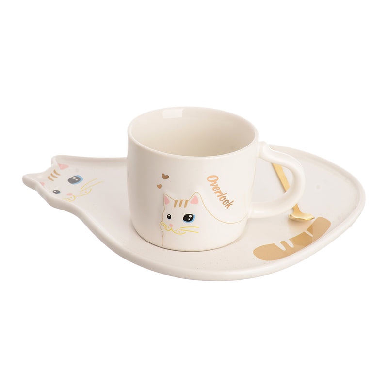 A cup set with a white cat pattern ceramic coaster