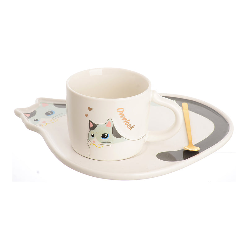 Cup set with ceramic coaster, cat pattern, white*turquoise