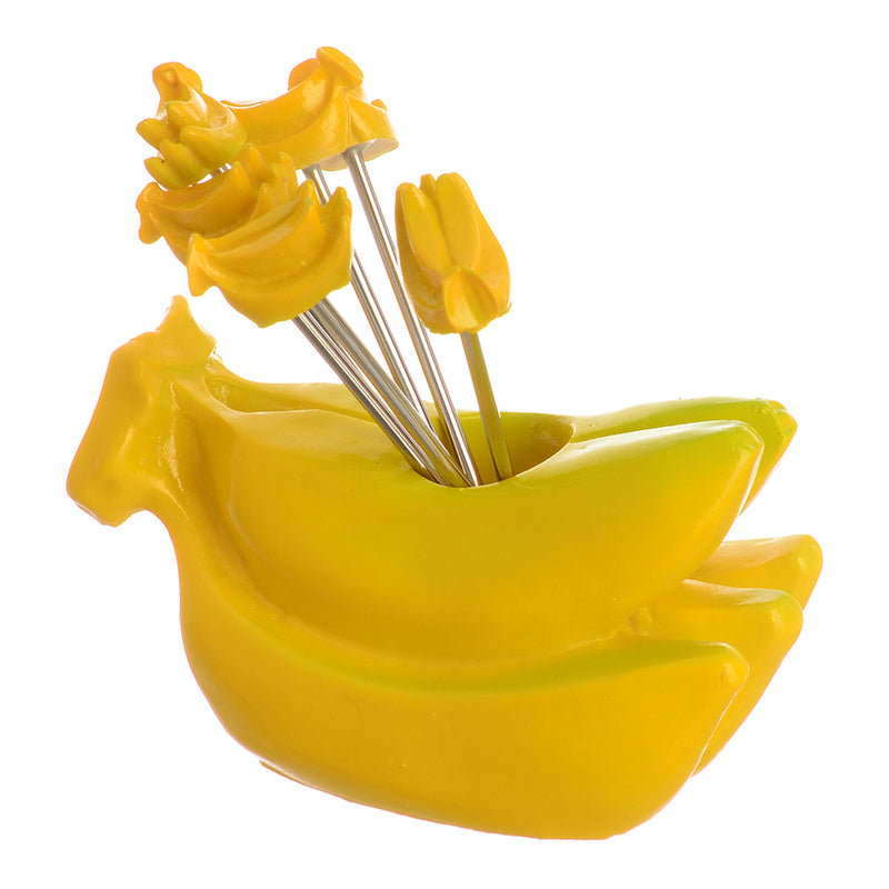 Banana-shaped fruit forks set, 7 pieces, yellow