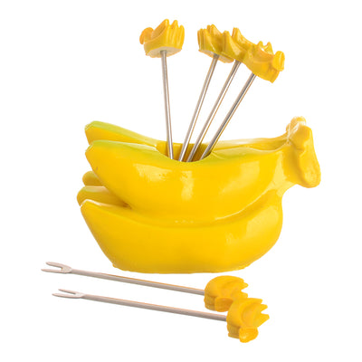 Banana-shaped fruit forks set, 7 pieces, yellow