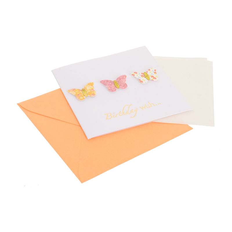 A square greeting card with an orange butterfly-shaped envelope