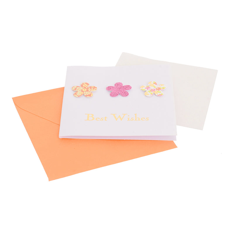 A square greeting card with an orange rose-shaped envelope