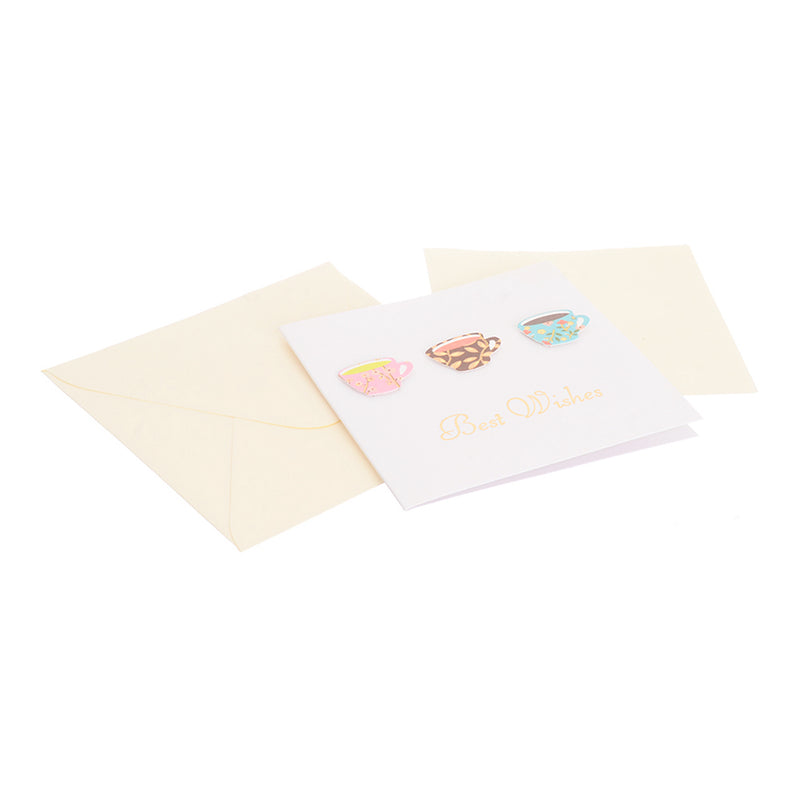 A square greeting card with an envelope in the shape of an off-white cup