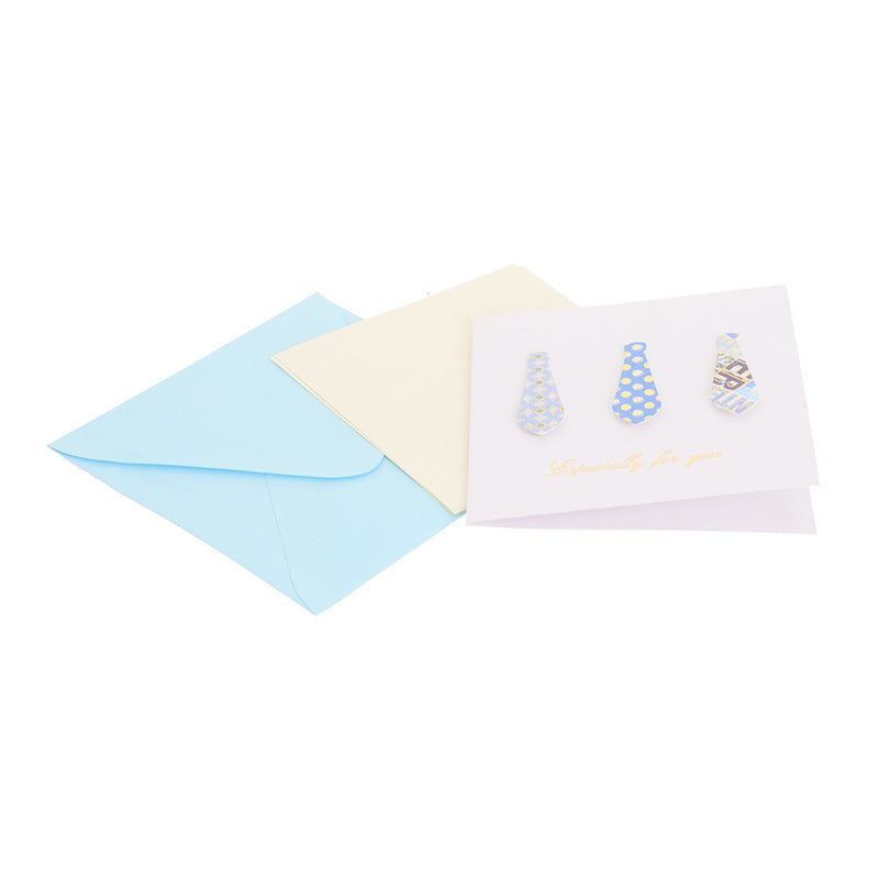 A square greeting card with a blue tie-shaped envelope