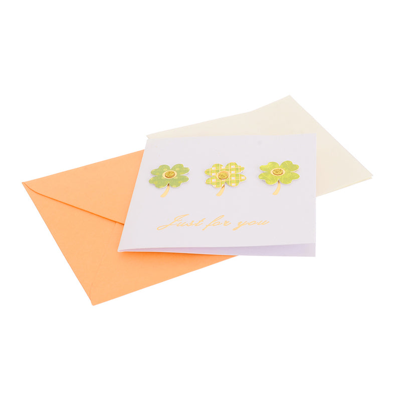 A square greeting card with an orange rose-shaped envelope