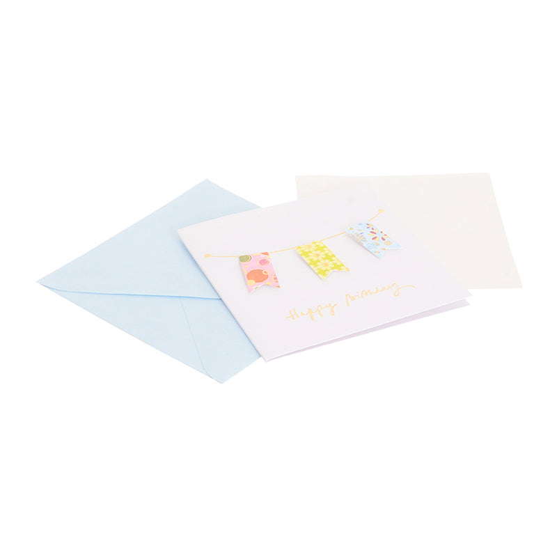 A square greeting card with an envelope in the shape of a decorative branch with a cyan interior