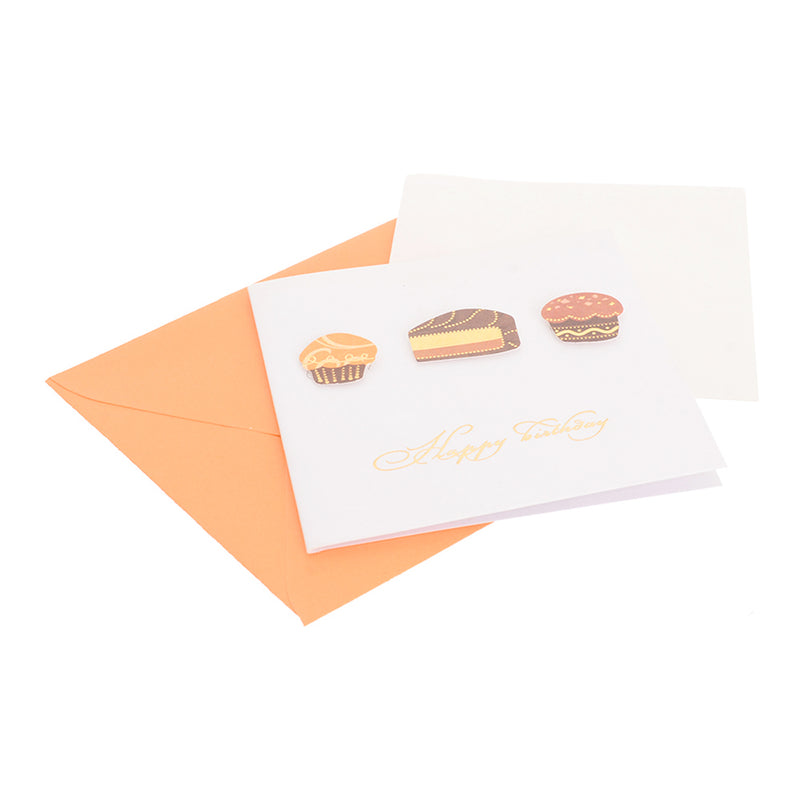 A square greeting card with a cake-shaped envelope with an orange interior