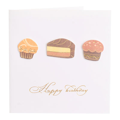 A square greeting card with a cake-shaped envelope with an orange interior