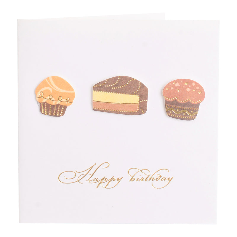 A square greeting card with a cake-shaped envelope with an orange interior