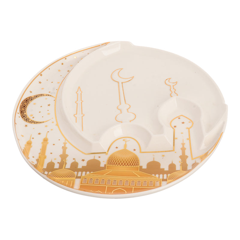 A circular porcelain dish in the shape of a mosque, white*gold