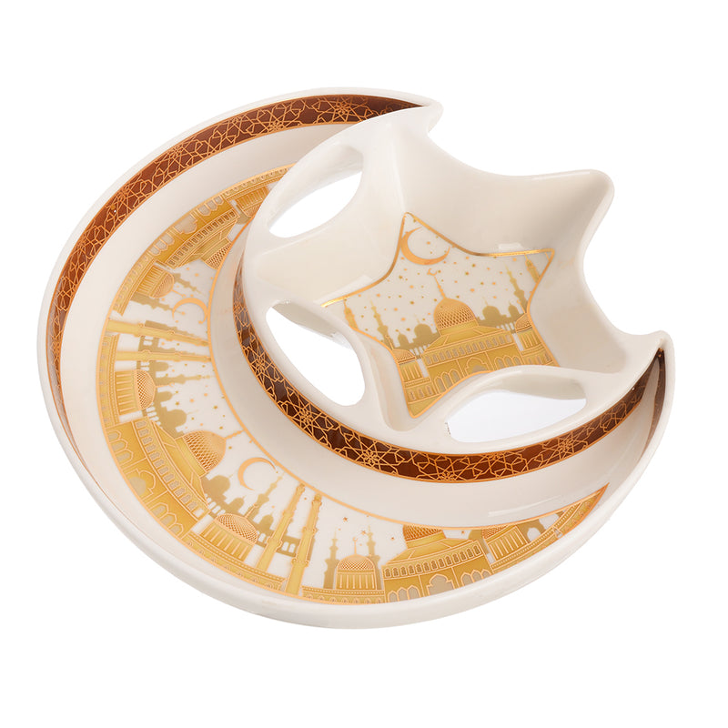 Three-dimensional porcelain plate in the shape of a crescent and star, white*gold