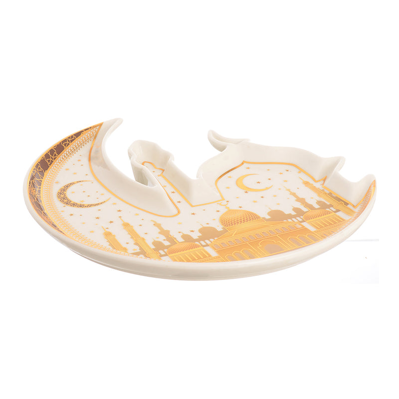 A three-dimensional porcelain plate in the shape of a crescent and a white and gold mosque