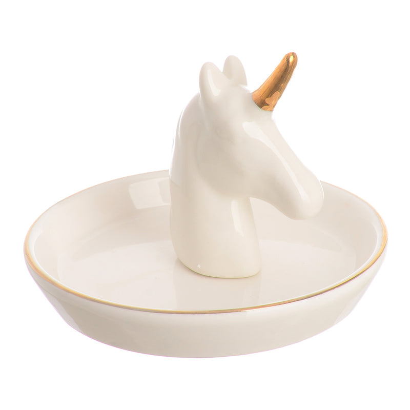 A circular ceramic dish with a unicorn-shaped ornament organizer, the middle is white