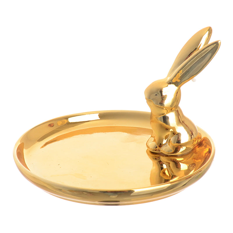 Circular ceramic dish, golden rabbit-shaped ornament organizer