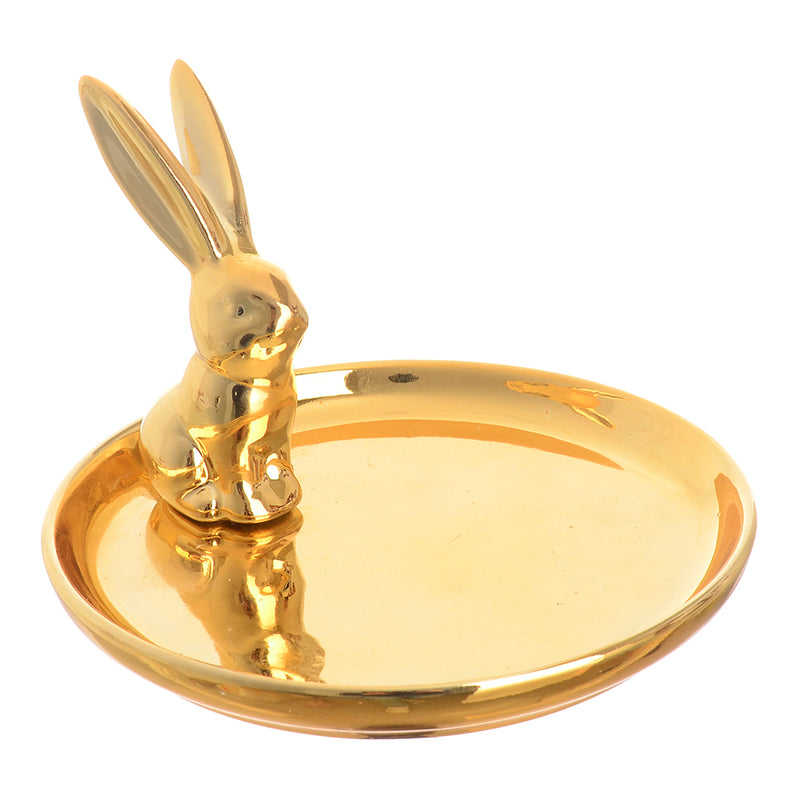 Circular ceramic dish, golden rabbit-shaped ornament organizer