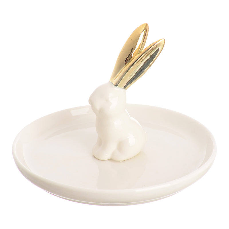 A circular ceramic dish with a rabbit-shaped ornament organizer, the middle is white