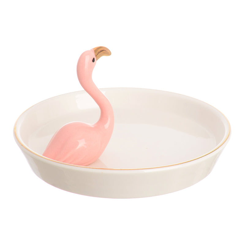 Circular ceramic dish, flamingo-shaped ornament organizer, white*pink