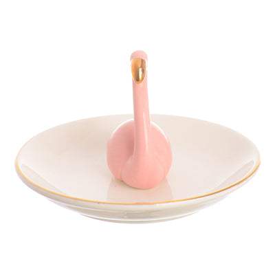 A circular ceramic dish with a flamingo-shaped ornament organizer, the middle is white*pink