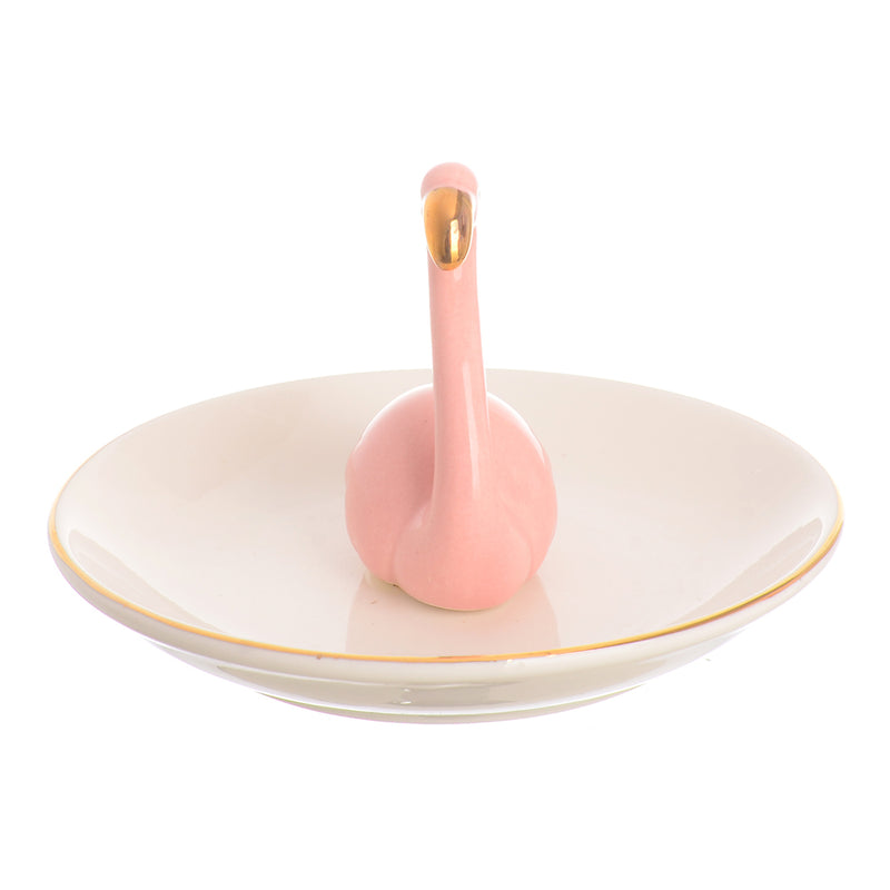 A circular ceramic dish with a flamingo-shaped ornament organizer, the middle is white*pink