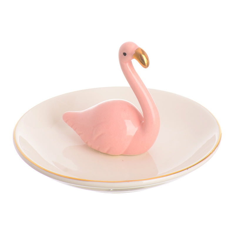 A circular ceramic dish with a flamingo-shaped ornament organizer, the middle is white*pink