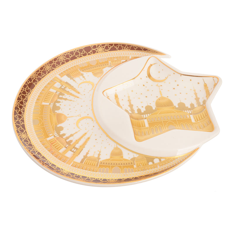 A circular porcelain dish shaped like a crescent and a star, white*gold