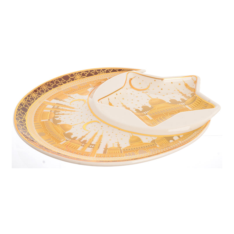 A circular porcelain dish shaped like a crescent and a star, white*gold