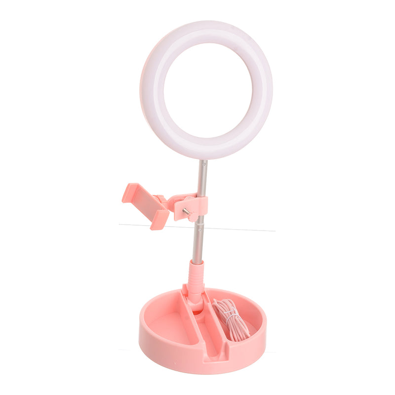 A multi-use makeup stand with a light ring, 3 lighting modes, and a pink mobile phone holder