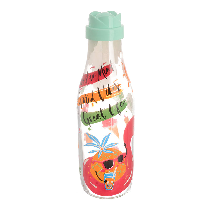 Round water and juice bottle with turquoise plastic cap with decorative design (1000 ml)