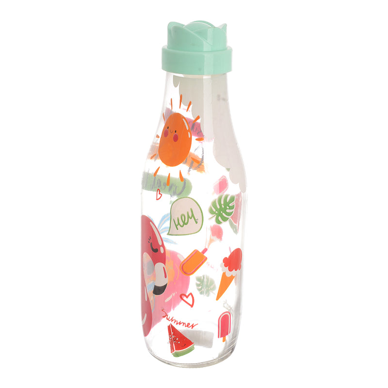 Round water and juice bottle with turquoise plastic cap with decorative design (1000 ml)