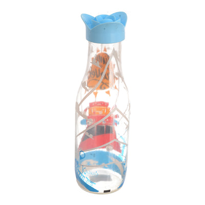 Round water and juice bottle with milky plastic cap with decorative design (1000 ml)