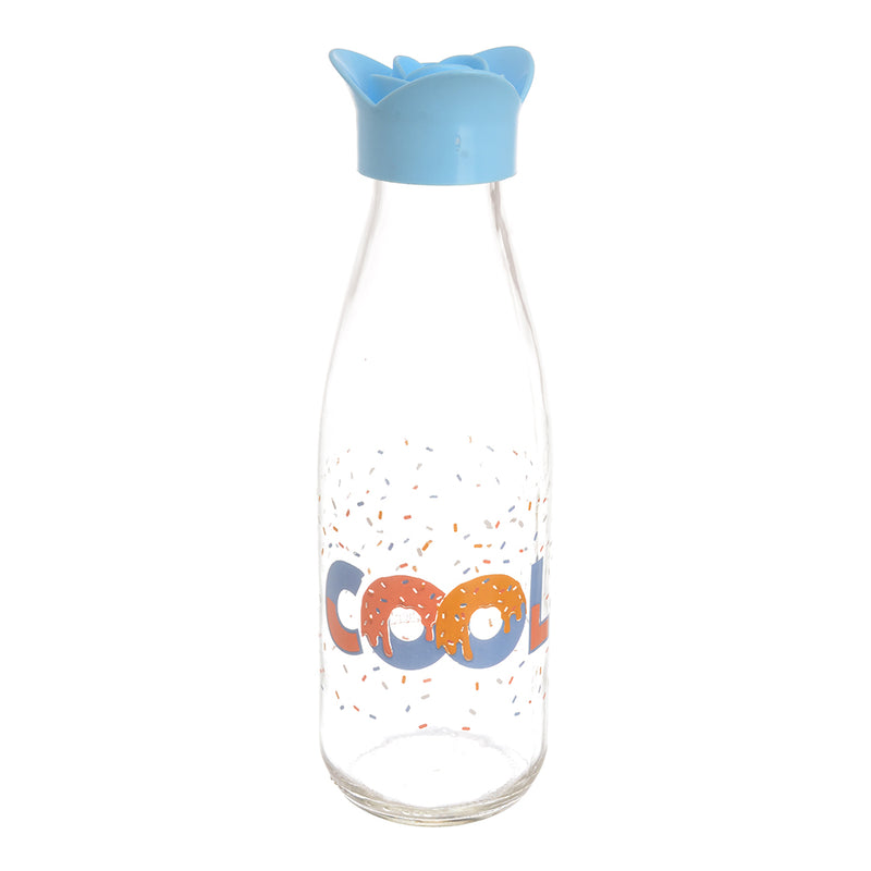 Round water and juice bottle with lemon juice and a brown plastic cap with a decorative design (500 ml)