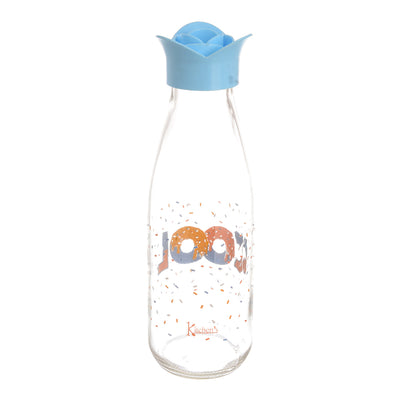 Round water and juice bottle with lemon juice and a brown plastic cap with a decorative design (500 ml)