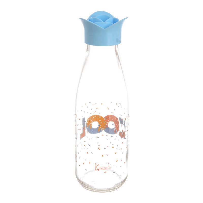 Round water and juice bottle with lemon juice and a brown plastic cap with a decorative design (500 ml)