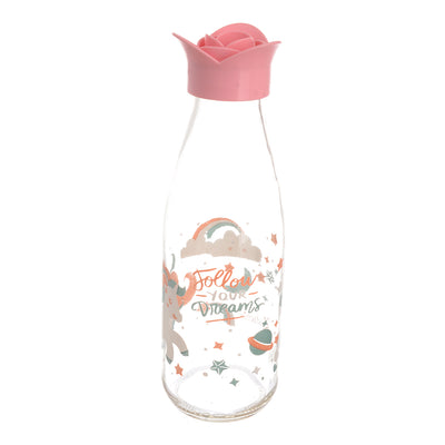 Round water and juice bottle with lemon juice and a pink plastic cap with a decorative design (500 ml)