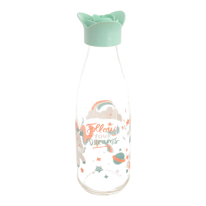 Round water and juice bottle with turquoise plastic cap with decorative design (500 ml)