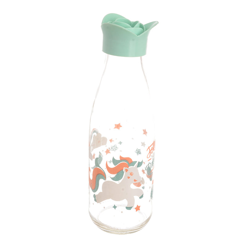 Round water and juice bottle with turquoise plastic cap with decorative design (500 ml)