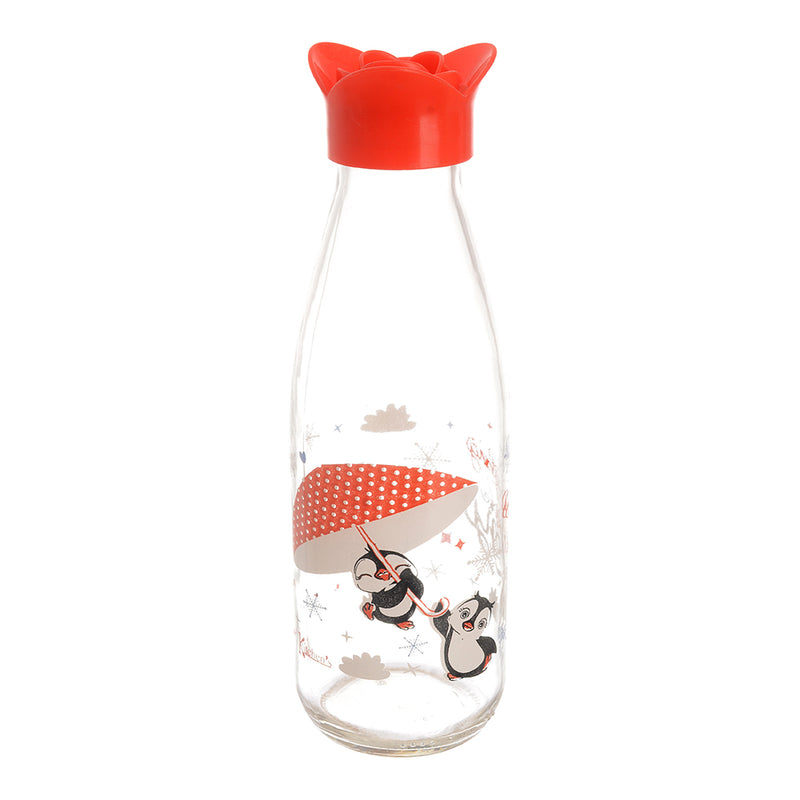 Round water and juice bottle with lemon juice and a red plastic cap with an ornamental design (500 ml)