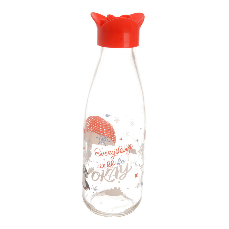 Round water and juice bottle with lemon juice and a red plastic cap with an ornamental design (500 ml)