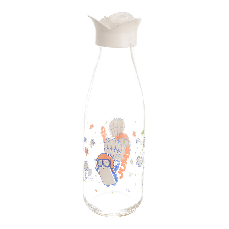 Round water and juice bottle with lemon juice and a white plastic cap with a decorative design (500 ml)