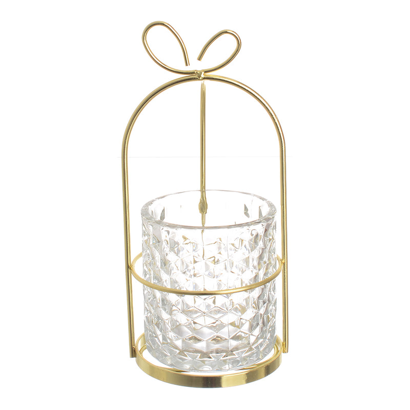 Dome-shaped candle holder made of metal and glass, golden decor