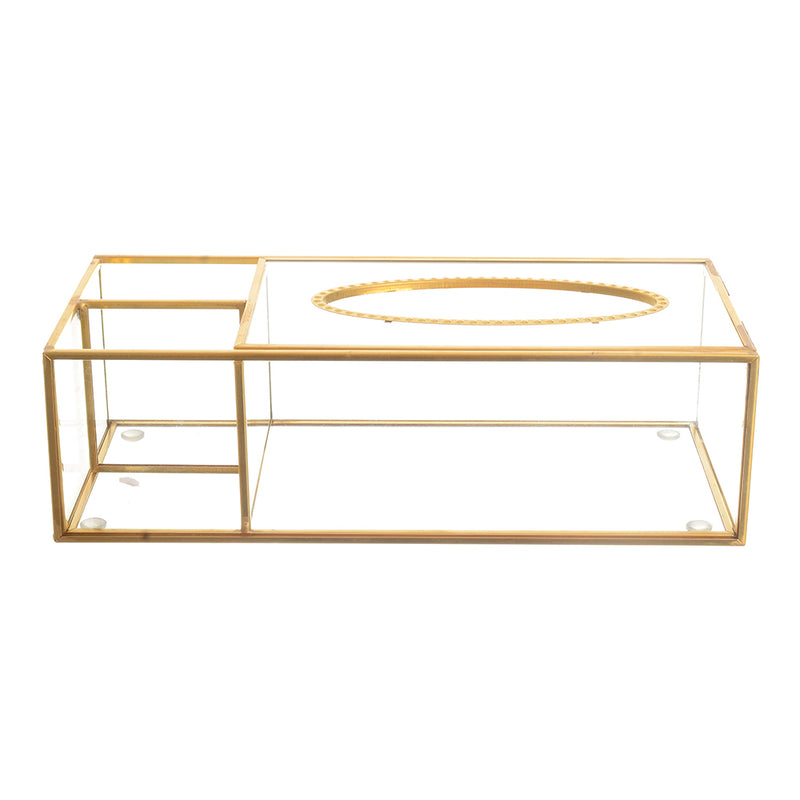 A rectangular tissue box made of metal and transparent gold glass