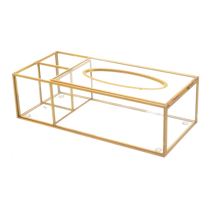 A rectangular tissue box made of metal and transparent gold glass