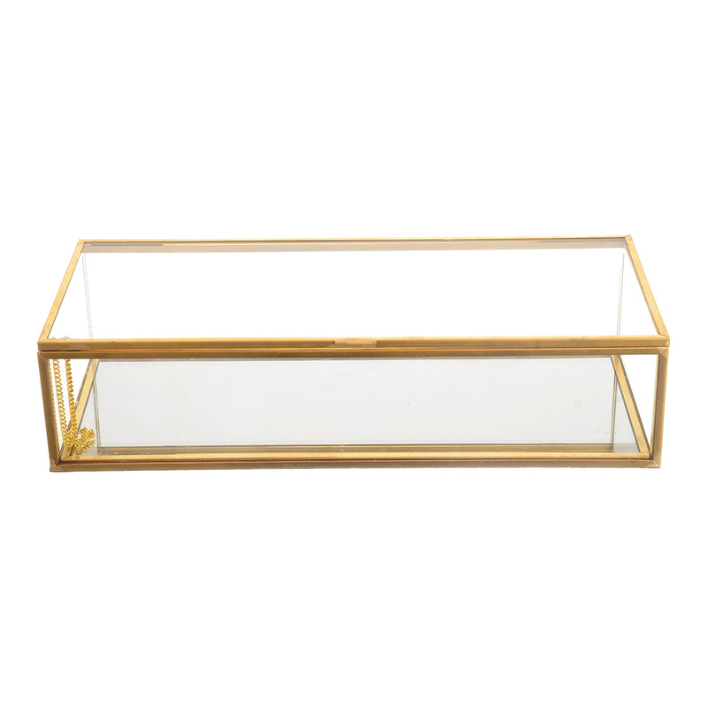 A rectangular box of gold metal and transparent glass