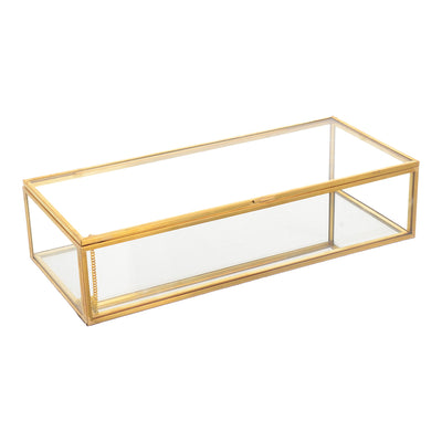 A rectangular box of gold metal and transparent glass