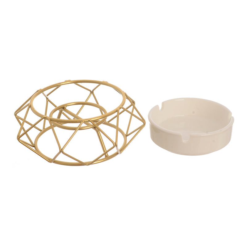 White ceramic ashtray with separate base (geometric design) and golden metal