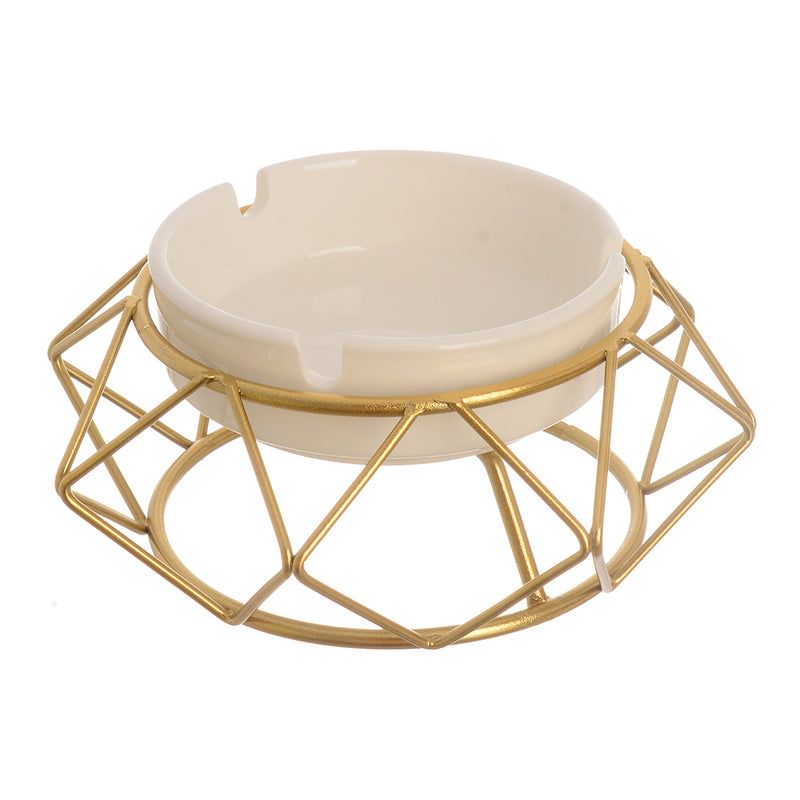 White ceramic ashtray with separate base (geometric design) and golden metal