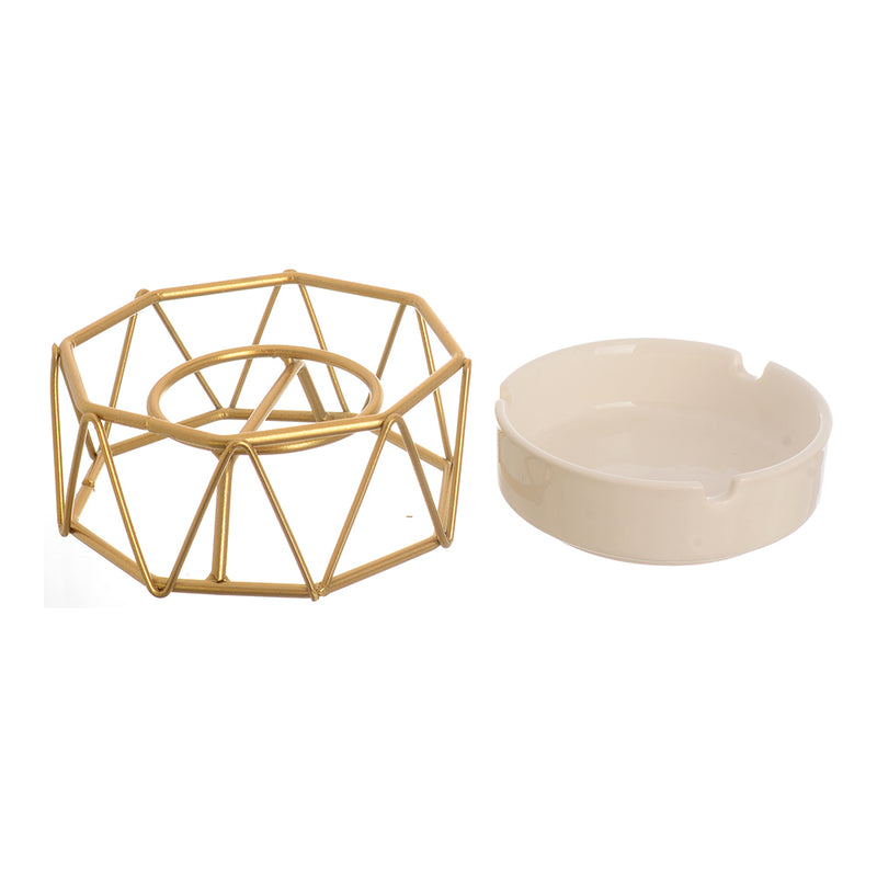 White ceramic ashtray with a separate gold metal base