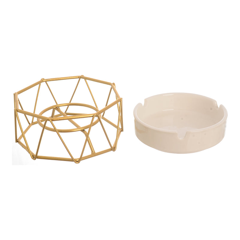 White ceramic ashtray with a separate gold metal base